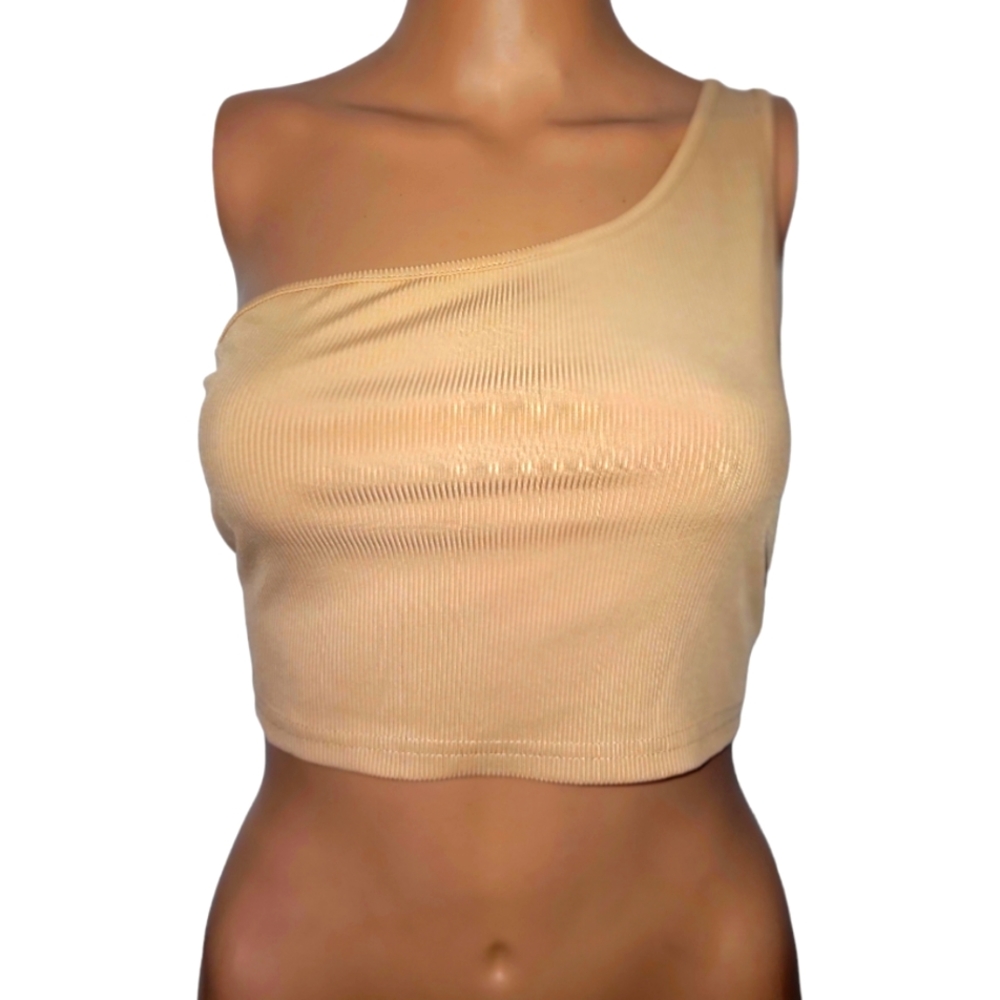 Nude, one shoulder crop top.